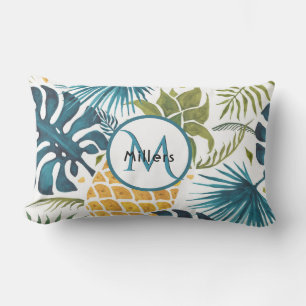 Pineapple tropical blue white monogram lumbar pillow