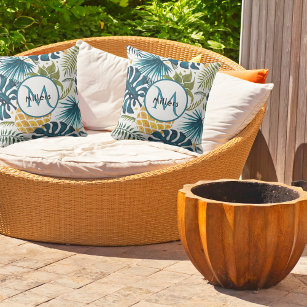 Pineapple tropical blue white monogram outdoor pillow