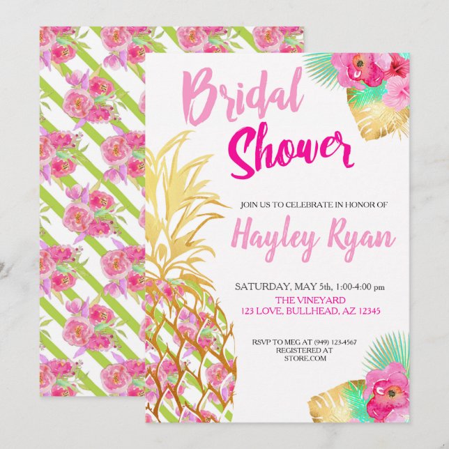 Pineapple Tropical Botanical Bridal Luau Invitation (Front/Back)