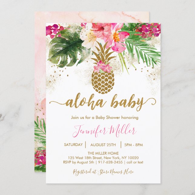 Pineapple Tropical Floral Aloha Baby Shower Invitation (Front/Back)