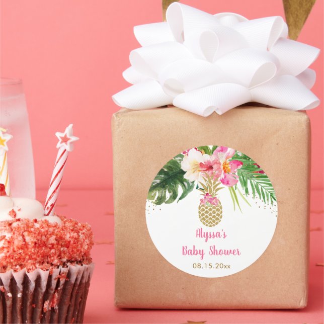 Pineapple Tropical Floral Baby Shower Classic Round Sticker (Party)
