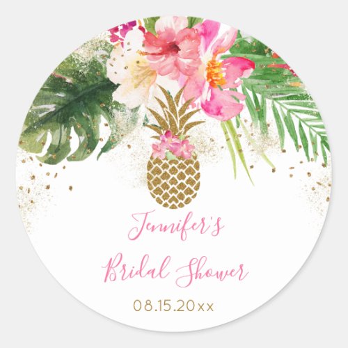 Pineapple Tropical Floral Bridal Shower Classic Round Sticker