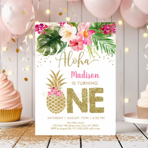 Pineapple Tropical Floral First Birthday Invitation