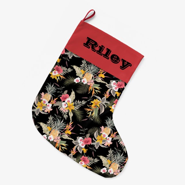 Pineapple Tropical Floral on Black Large Christmas Stocking (Front (Hanging))