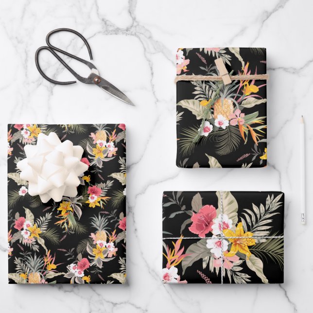 Pineapple Tropical Flowers Black  Wrapping Paper Sheets (Front)