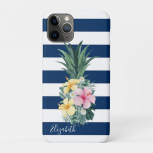 Pineapple Tropical Flowers,Navy Blue Striped iPhone 11 Pro Case