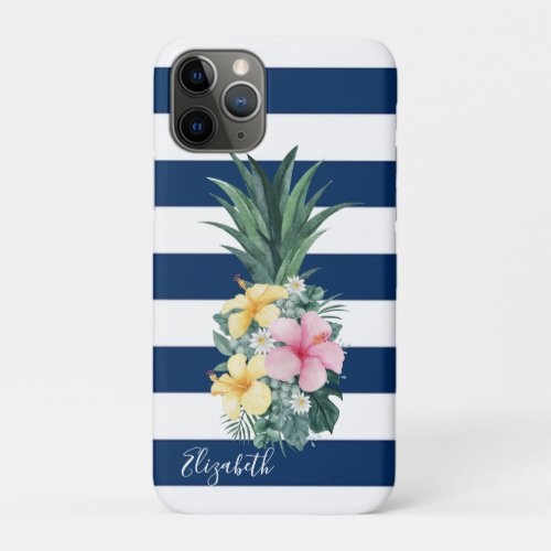 Pineapple Tropical FlowersNavy Blue Striped iPhone 11 Pro Case