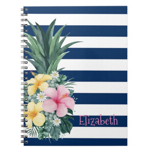 Pineapple Tropical Flowers Navy Blue Stripes Notebook