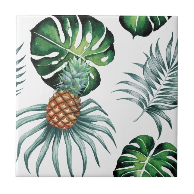 Pineapple Tropical fruit & leaf watercolor pattern Ceramic Tile (Front)