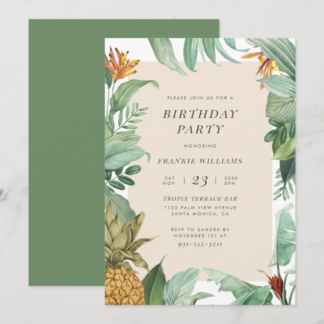 Pineapple & Tropical Leaves Modern Birthday Party Invitation (Front/Back)