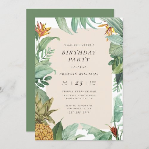 Pineapple  Tropical Leaves Modern Birthday Party Invitation