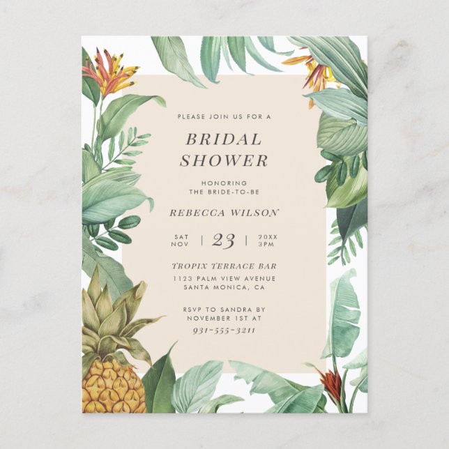 Pineapple & Tropical Leaves Summer Bridal Shower Invitation Postcard (Front)