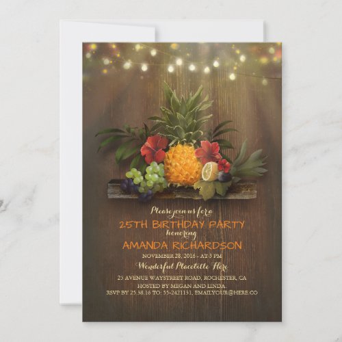 Pineapple Tropical Lights Beach Birthday Party Invitation - Rustic beach birthday party invitations with tropical fruits, luau pineapple and string lights.