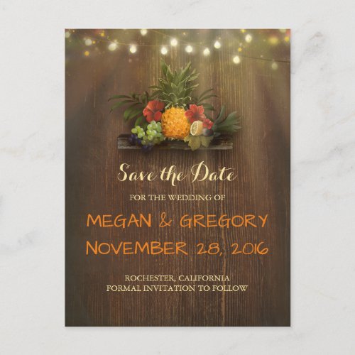 Pineapple Tropical Luau Beach Save the Date Announcement Postcard - Tropical fruits, pineapple, palm leaves and beach string lights save the date postcards