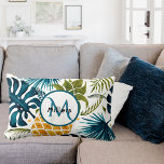 Pineapple tropical palm leaves  monogram lumbar pillow<br><div class="desc">A large tropical golden pineapple on a blue and green colored palm tree leaves foliage pattern. White background. A blue and white frame with space and templates for your name and monogram letter.</div>
