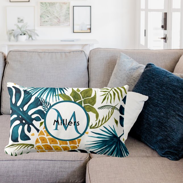 Pineapple tropical palm leaves  monogram lumbar pillow (Creator Uploaded)