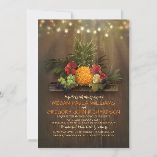 Pineapple Tropical String Lights Beach Wedding Invitation - Rustic beach wedding invitations with tropical fruits, luau pineapple and string lights. --- All design elements created by Jinaiji --------------------------------------- DESIGN YOUR OWN INVITATION: ------------------------------------------------
1. Just hit the “CUSTOMIZE IT” button and you will be able to change the font type, color, and size, along with a number of other things. 2. Before you click "Done", make sure the image is sized properly. Use the "Fill" or "Fit" buttons to fill the entire design area and ensure that you do not have any blank borders  3. See all products collection below