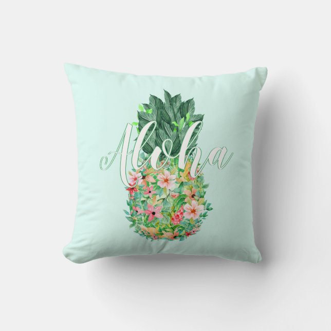 Pineapple Tropical Watercolor Flowers Aloha Throw Pillow (Front)