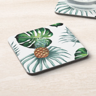Pineapple Tropical Watercolor Jungle Palm Pattern Beverage Coaster