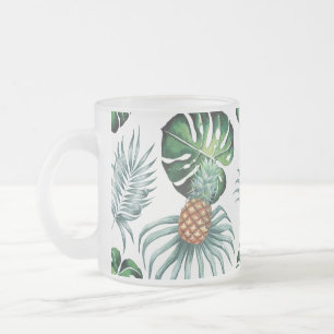 Pineapple Tropical Watercolor Jungle Palm Pattern Frosted Glass Coffee Mug