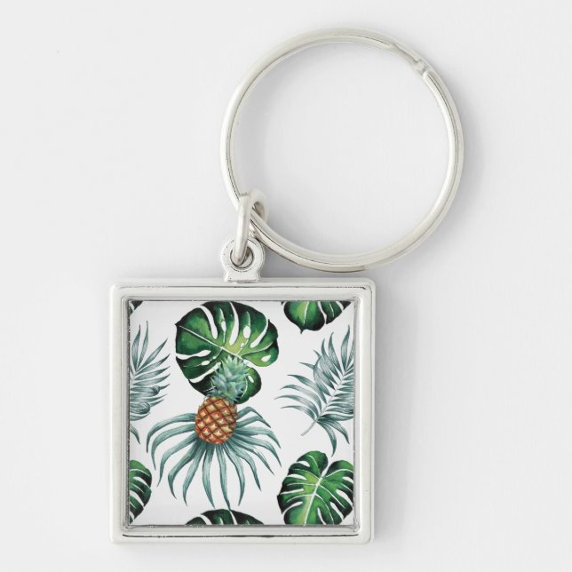 Pineapple Tropical Watercolor Jungle Palm Pattern Keychain (Front)
