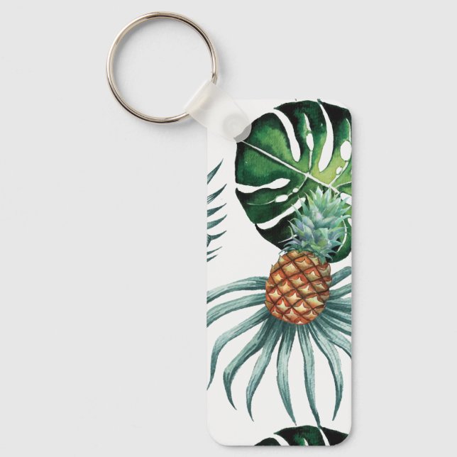 Pineapple Tropical Watercolor Jungle Palm Pattern Keychain (Front)