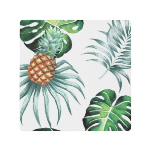 Pineapple Tropical Watercolor Jungle Palm Pattern Metal Print