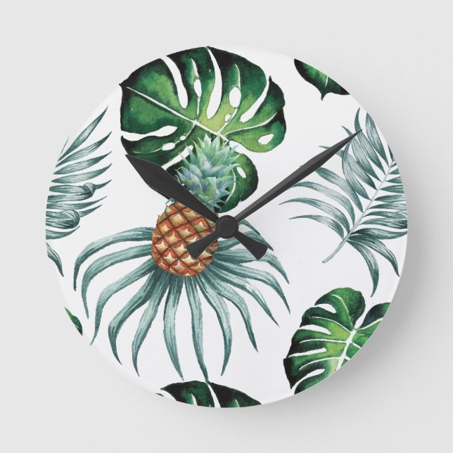 Pineapple Tropical Watercolor Jungle Palm Pattern Round Clock (Front)