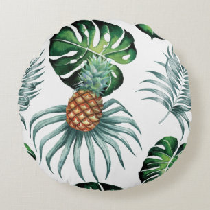 Pineapple Tropical Watercolor Jungle Palm Pattern Round Pillow