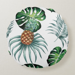 Pineapple Tropical Watercolor Jungle Palm Pattern Round Pillow