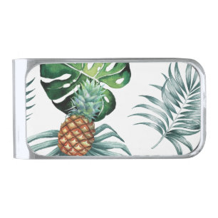 Pineapple Tropical Watercolor Jungle Palm Pattern Silver Finish Money Clip