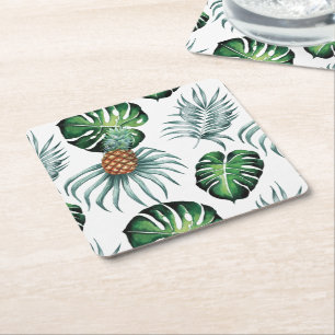 Pineapple Tropical Watercolor Jungle Palm Pattern Square Paper Coaster