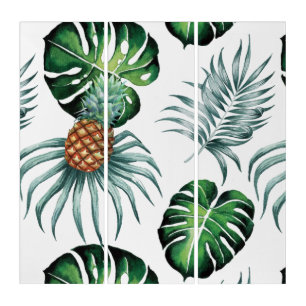 Pineapple Tropical Watercolor Jungle Palm Pattern Triptych