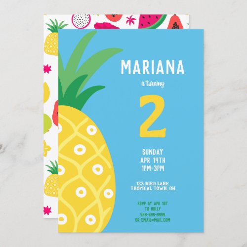 Pineapple Tutti Frutti Fruit Birthday Party Blue Invitation