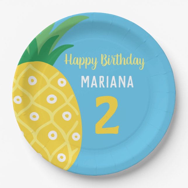 Pineapple Tutti Frutti Fruit Blue Birthday Party Paper Plates (Front)
