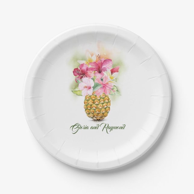Pineapple Vase Tropical Floral Beach Wedding Paper Plates (Front)