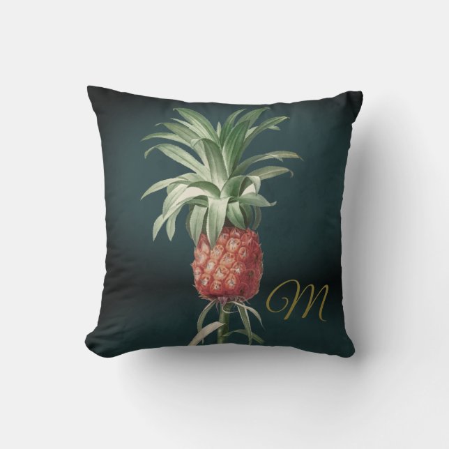 Pineapple Vintage Green Tropical Elegant Monogram Throw Pillow (Front)