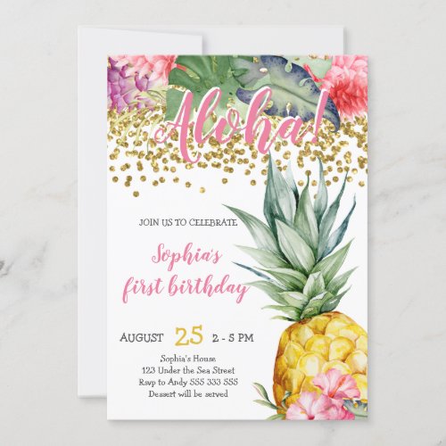 Pineapple Watercolor Aloha Luau Birthday Invitation