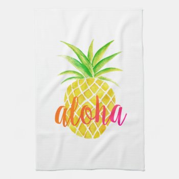 Pineapple Watercolor Aloha Tropical Pink Kitchen Towel by NotableNovelties at Zazzle