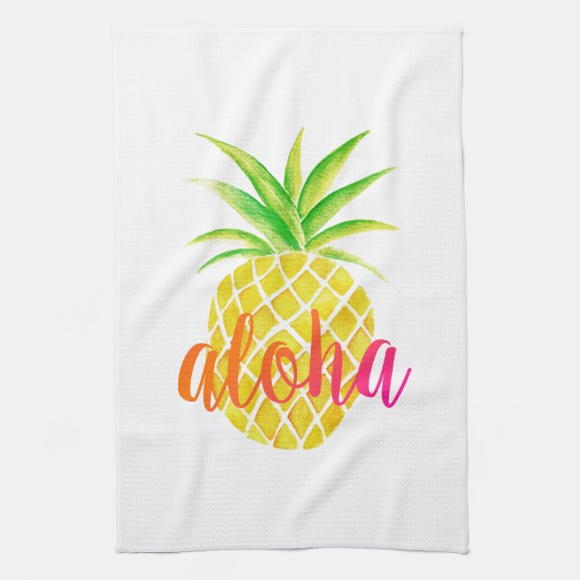 Pineapple Watercolor Aloha Tropical Pink Kitchen Towel (Vertical)