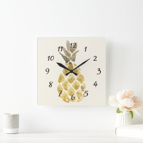 Pineapple Watercolor Country Rustic Stencil Square Wall Clock
