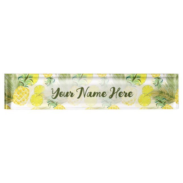 Pineapple Watercolor Fresh Summer Pattern Desk Name Plate (Front)