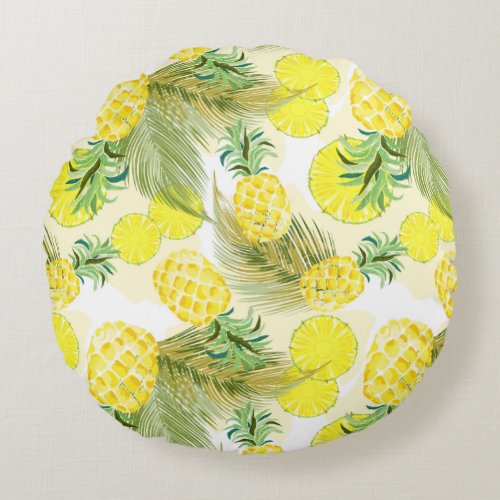 Pineapple Watercolor Fresh Summer Pattern Round Pillow