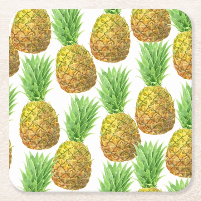 Pineapple watercolor pattern square paper coaster (Front)