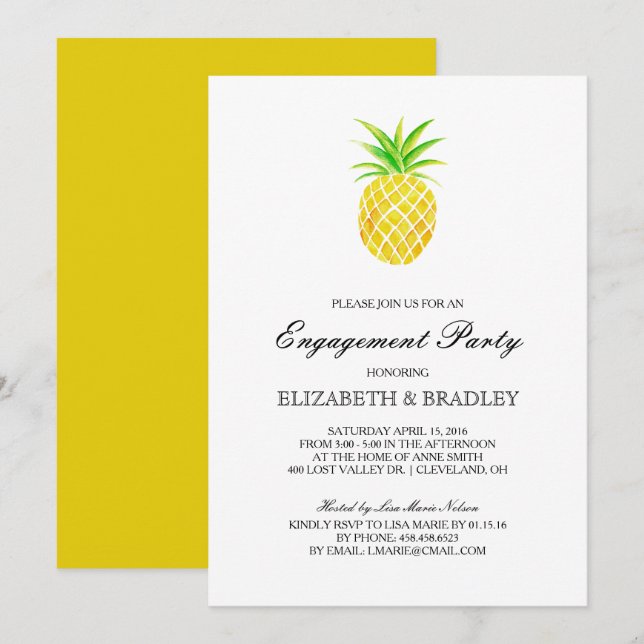 Pineapple Watercolor Tropical Engagement Party Invitation (Front/Back)