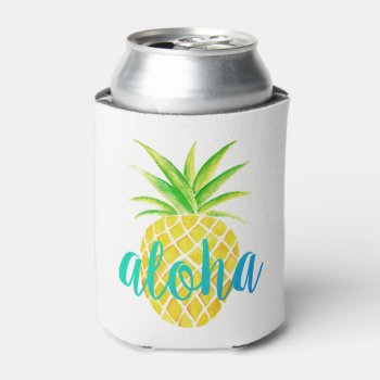 Pineapple Watercolor Tropical Monogram Turquoise Can Cooler by ModernMatrimony at Zazzle