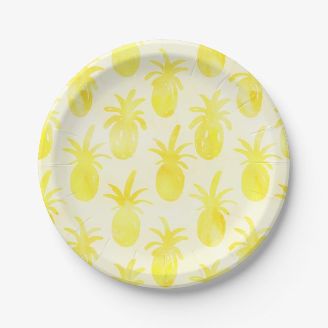 Pineapple watercolour yellow pattern paper plates (Front)