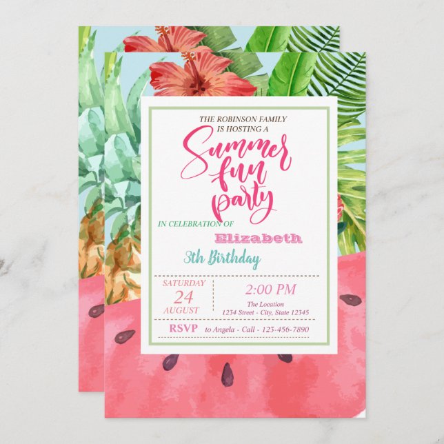 Pineapple,Watermelon Palm Leaf Summer Birthday Invitation (Front/Back)