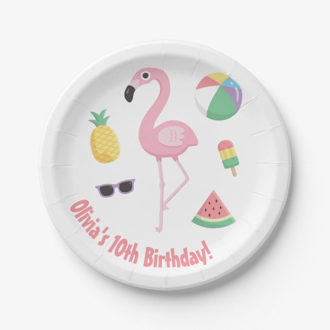 Pineapple Watermelon Pink Flamingo Party Supplies Paper Plates (Front)
