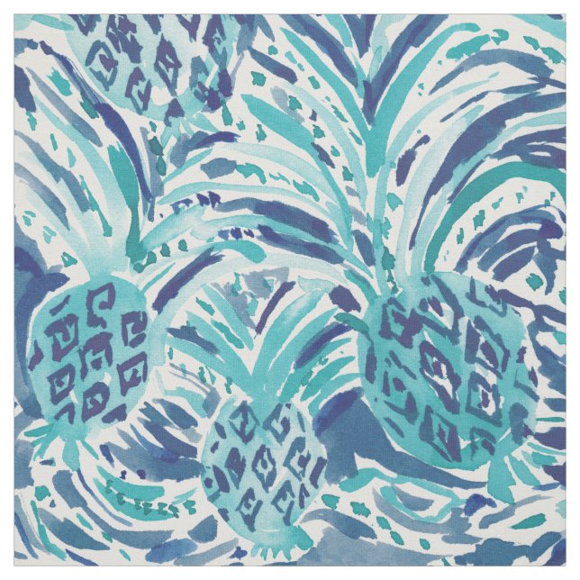PINEAPPLE WAVE Blue Painterly Watercolor Fabric (Swatch)